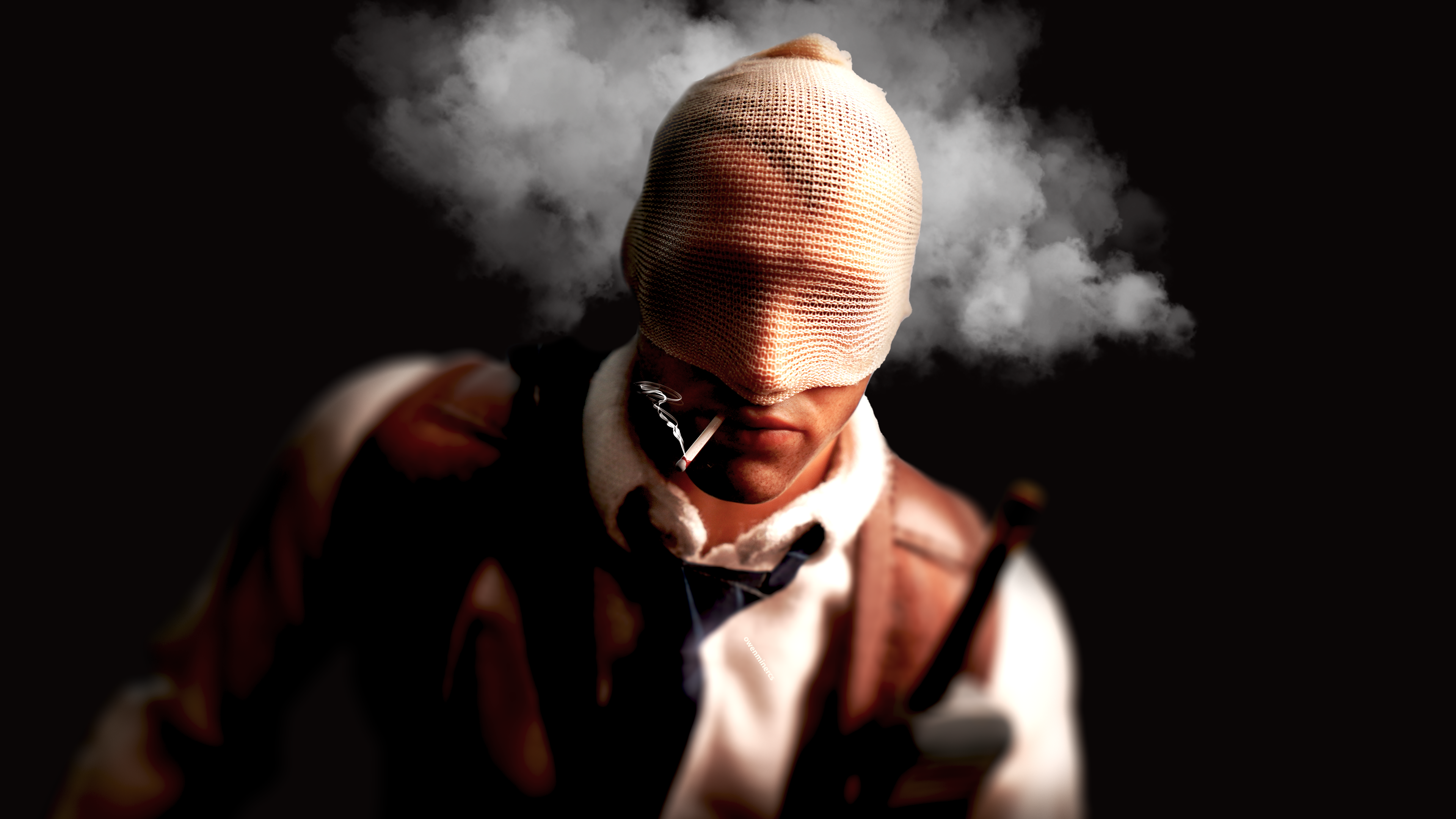 Agent number K figurine smoking a cigarette with large smoke background